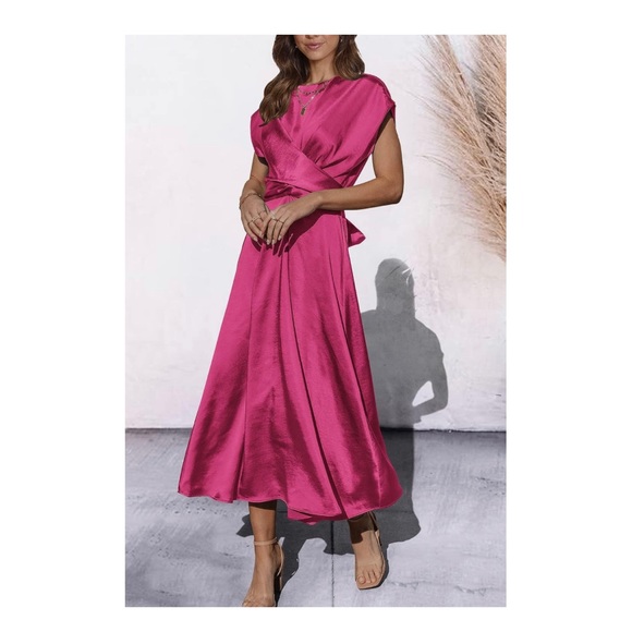 PrettyGarden Women's  Satin Midi Dress Cap Sleeve Tie Waist Elegant A-Line Flowy - Picture 5 of 11